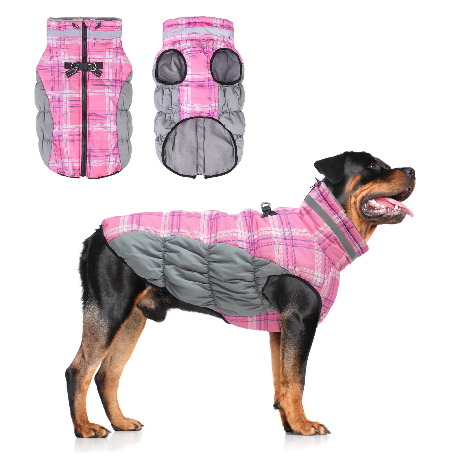 BEAUTYZOO dog-winter-coat-front-view built-in-harness for easier control during walks.