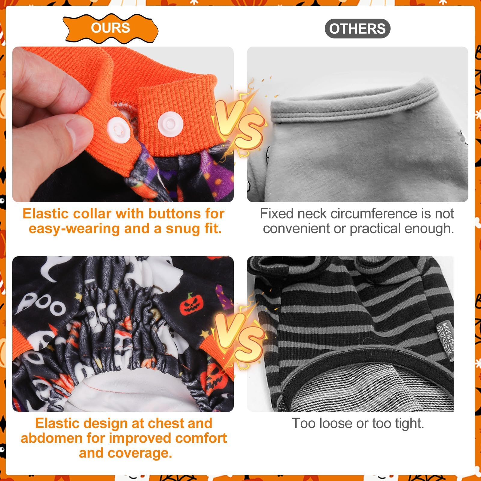 BEAUTYZOO Easy-on-off dog pajama with elastic collar and hidden snaps.