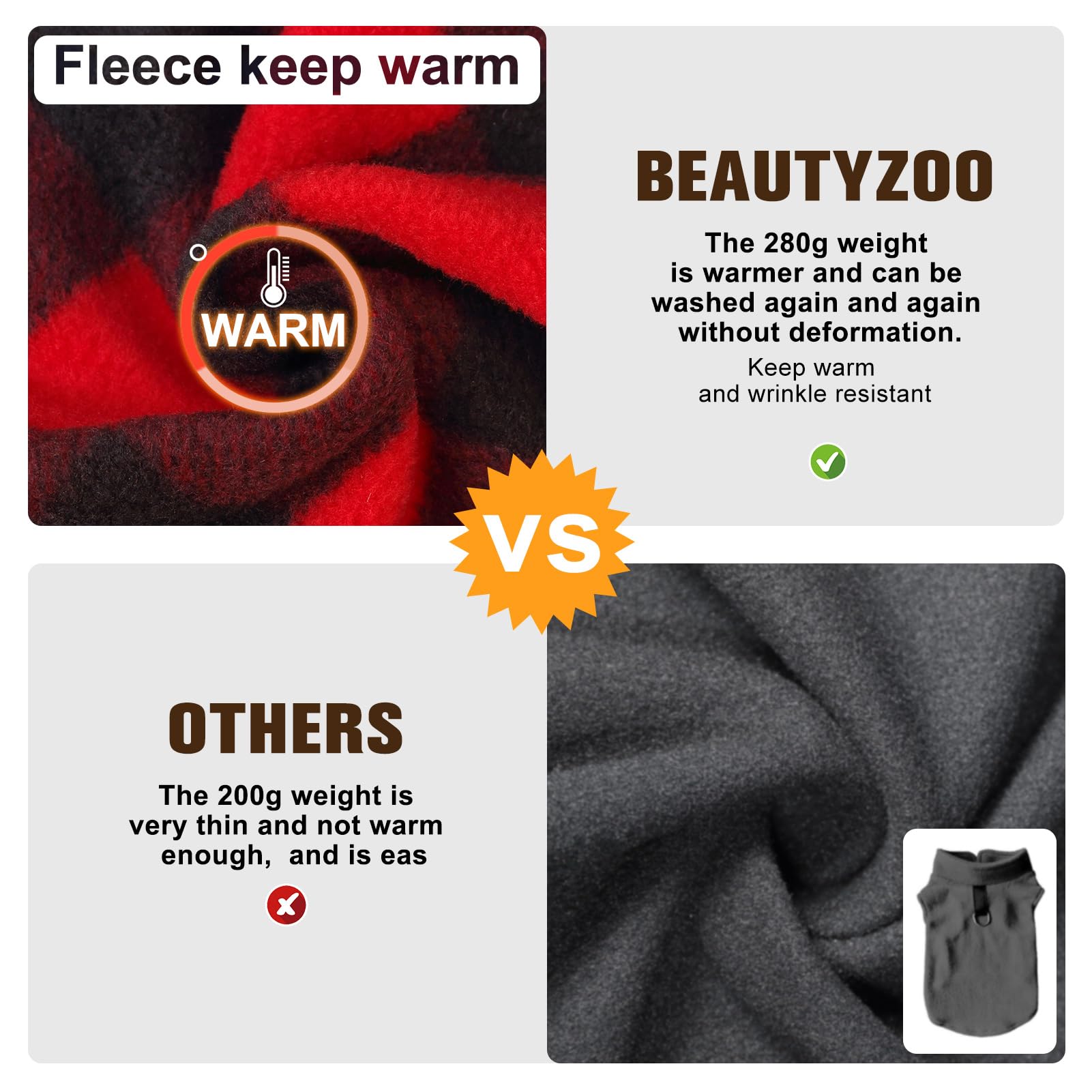 BEAUTYZOO fleece fabric close-up emphasizes moisture-wicking warmth and snug fit.