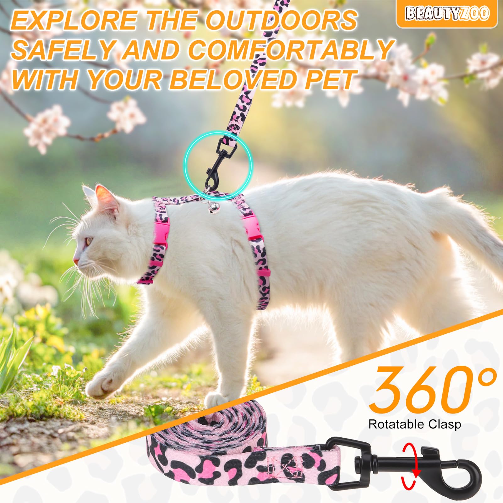 BEAUTYZOO leopard-pattern harness adds style and visibility in outdoor settings.