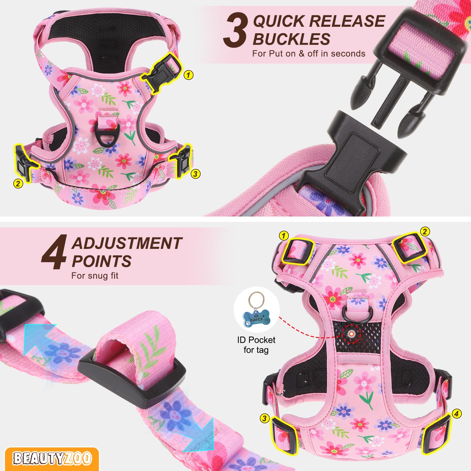 BEAUTYZOO No Pull Harness padded handle for easier lifting and mobility