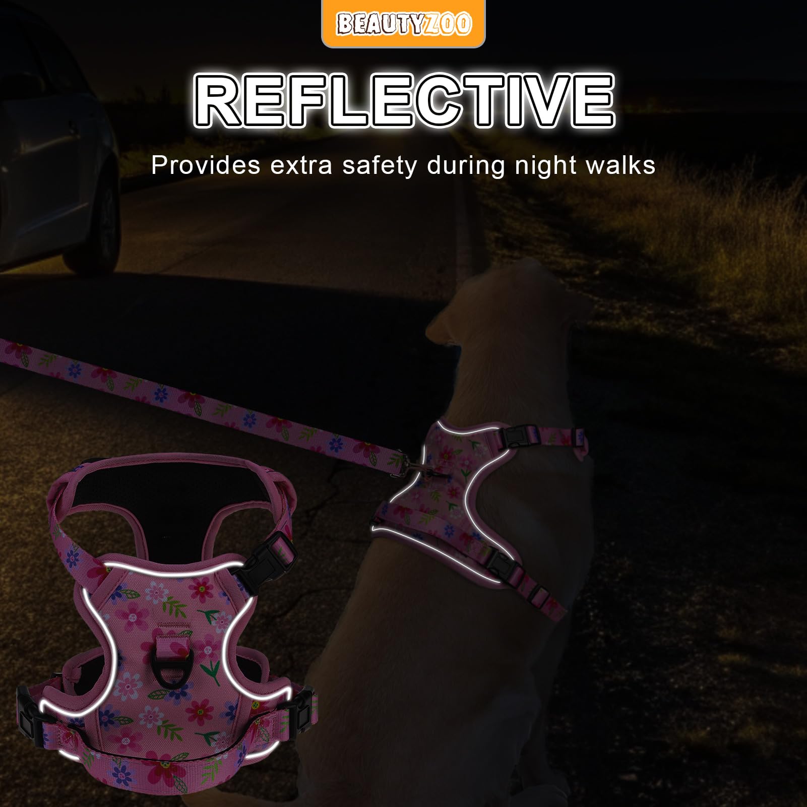 BEAUTYZOO No Pull Harness reflective strips improving visibility during night walks.