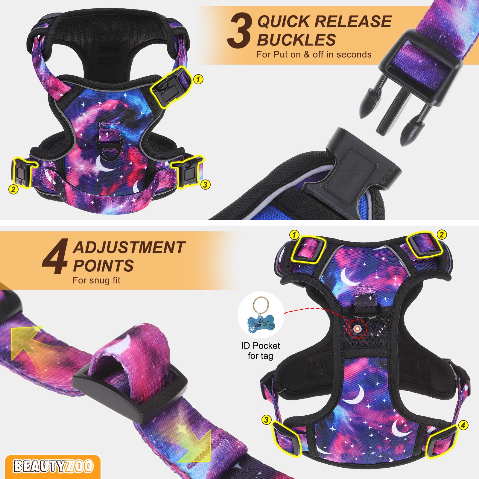 BEAUTYZOO Reflective strips on No-Pull Harness boost visibility for safe night walks.