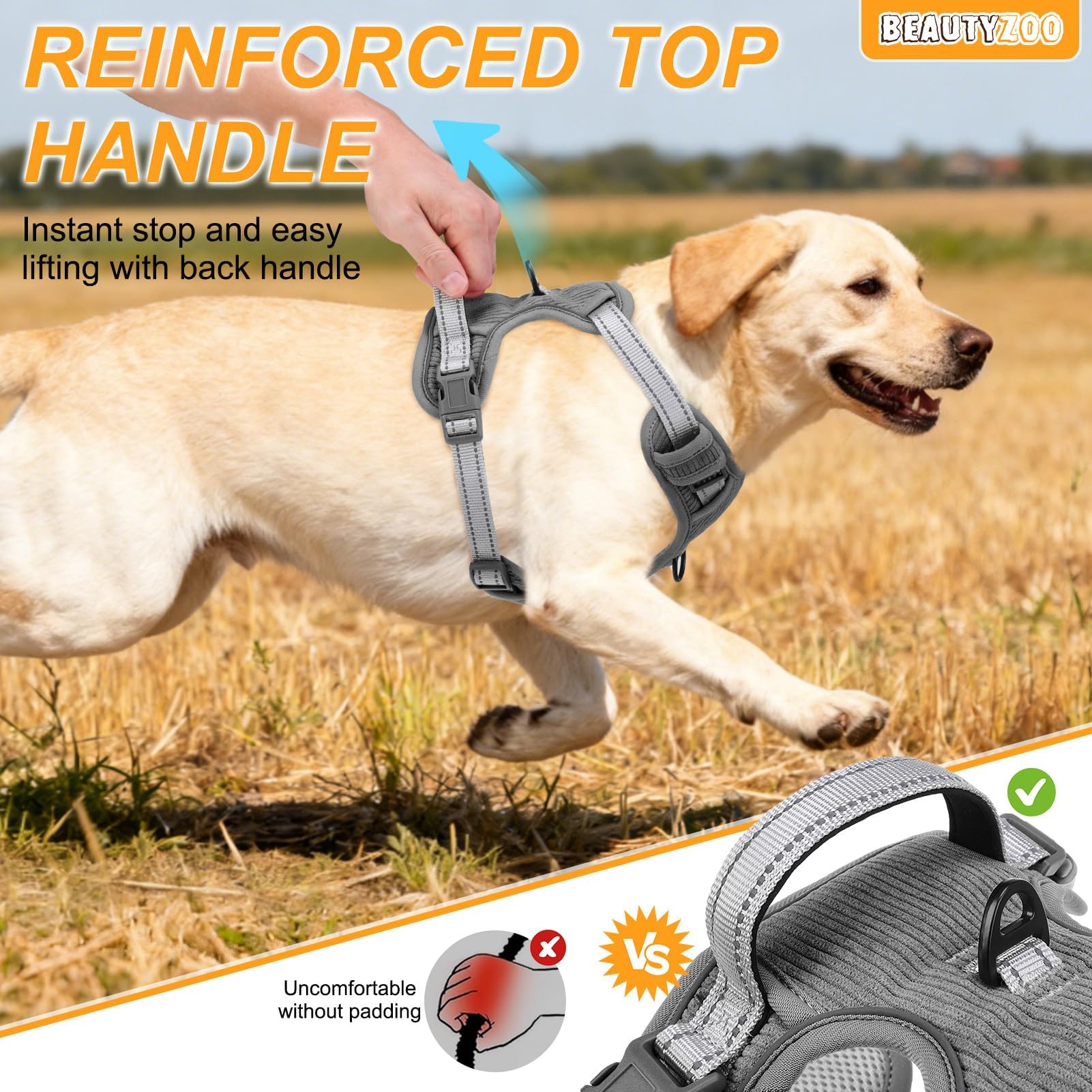 BEAUTYZOO No Pull harness grey strap adjustment demonstrates four-point fit