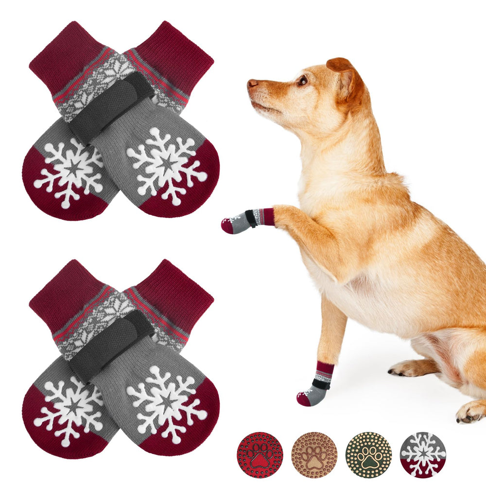 BEAUTYZOO non-slip dog socks with grip dots show traction on hardwood floors.