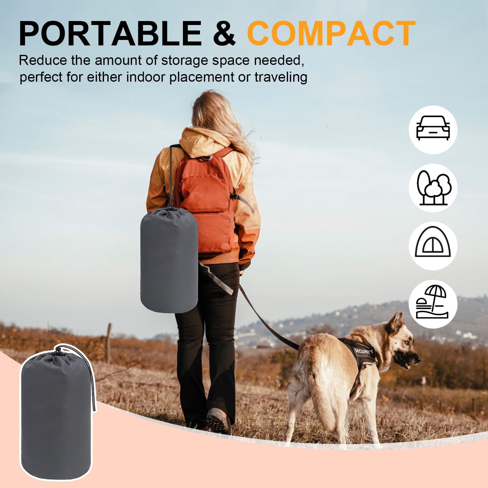 BEAUTYZOO outdoor dog bed folds into a compact carry bag for travel.
