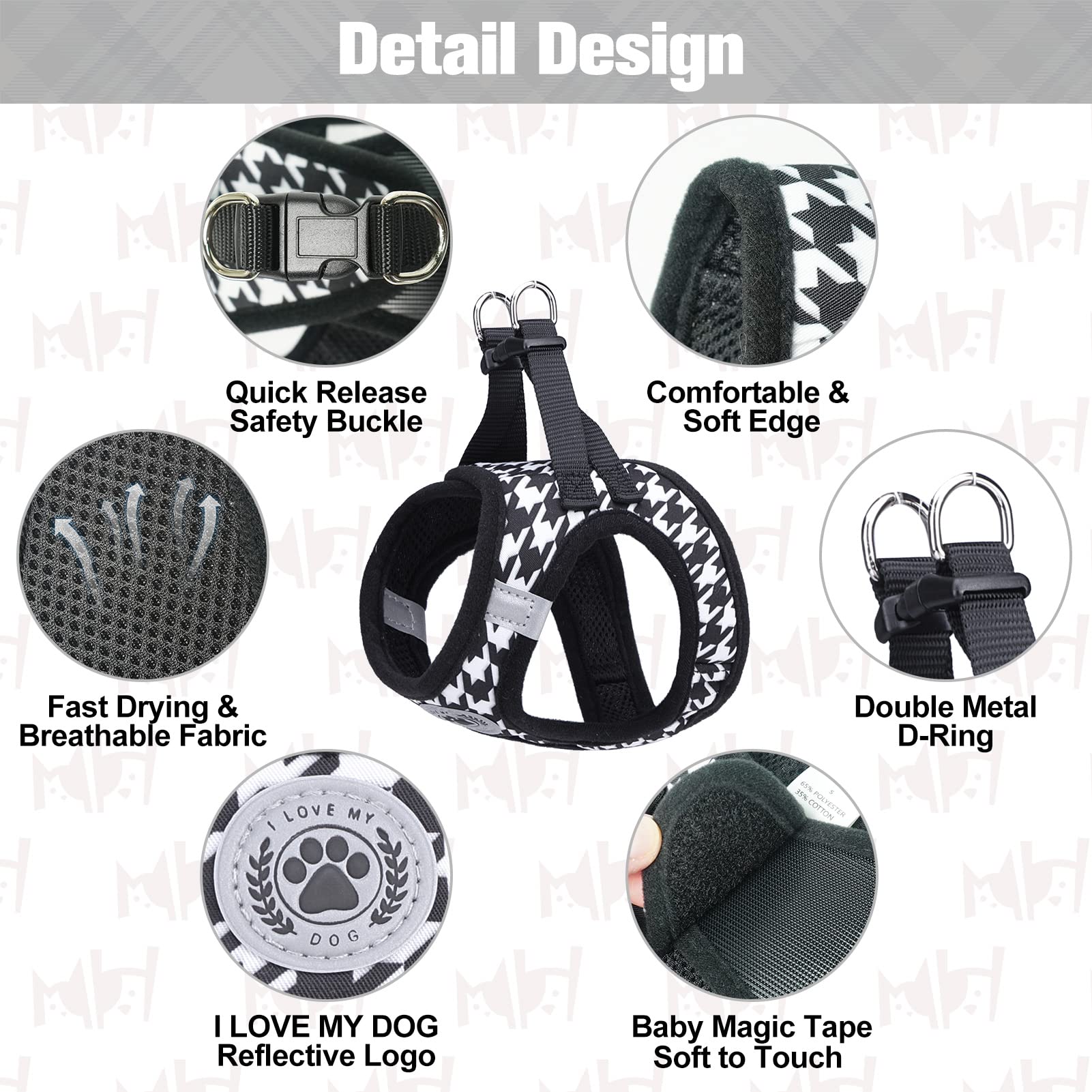 BEAUTYZOO plaid breathable mesh harness with reflective strips for safer low-light visibility.