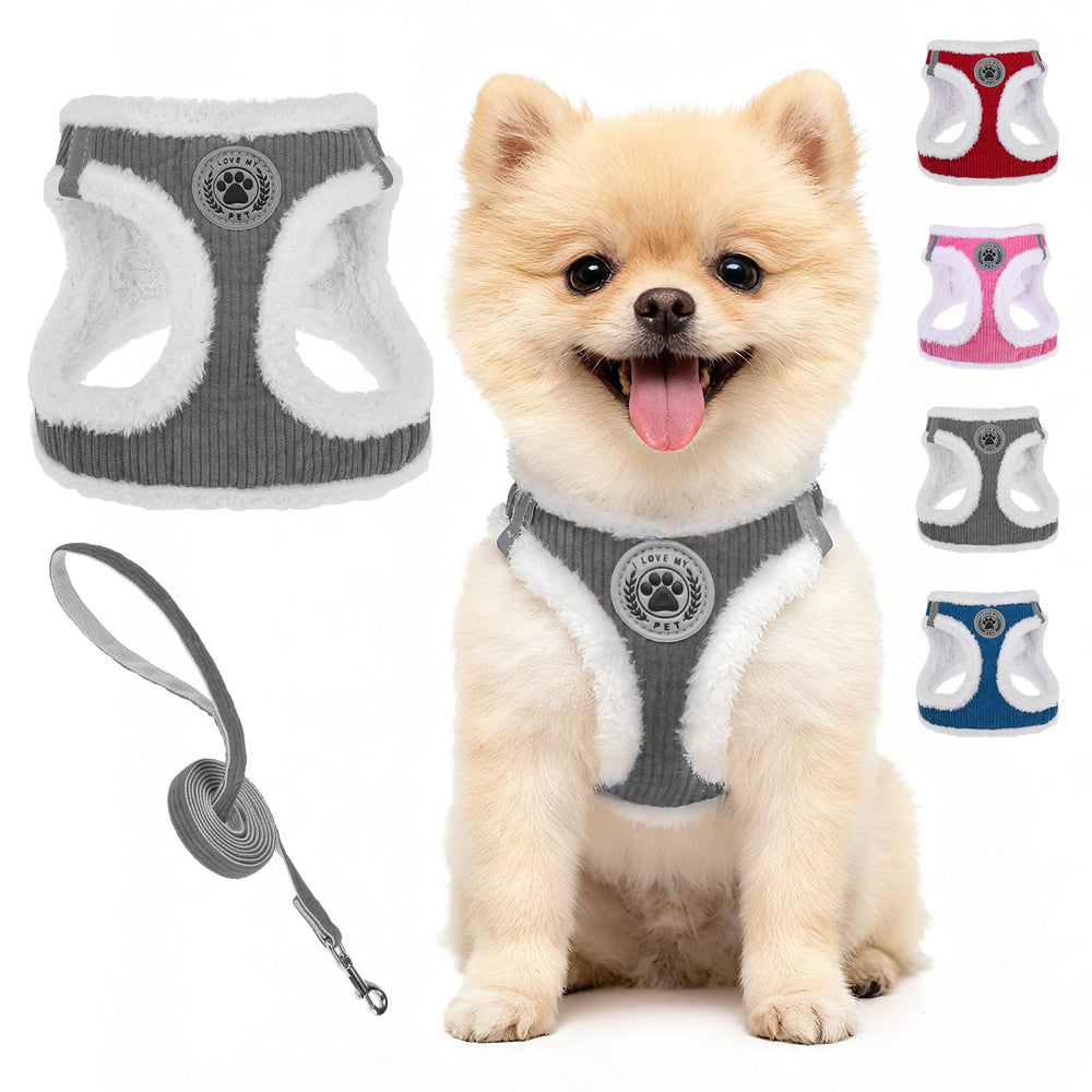 BEAUTYZOO Plush Dog Harness Grey with plush lining for cozy winter walks.