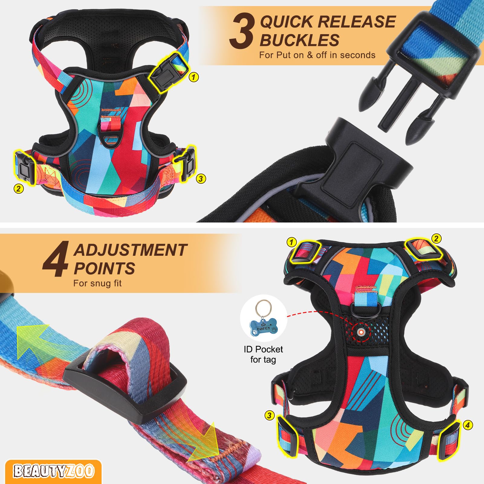 BEAUTYZOO reflective-dog-harness enhances visibility for evening walks and low-light safety.
