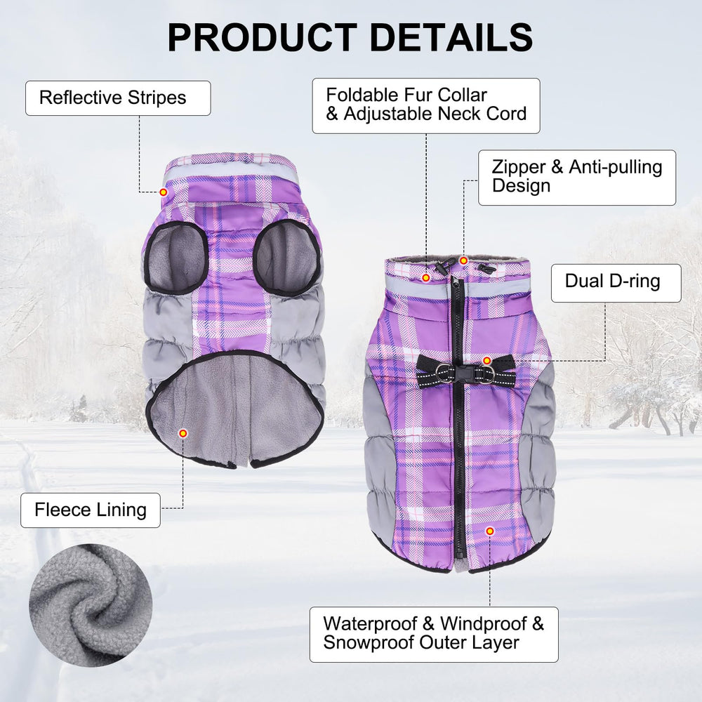 BEAUTYZOO reflective plaid puffer on a dog increases nighttime visibility during evening strolls