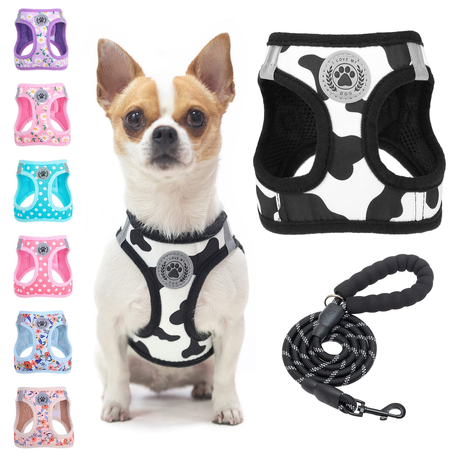 Beautyzoo small dog harness cow print vest demonstrates comfortable fit for tiny dogs.