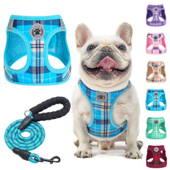 BEAUTYZOO small dog harness plaid blue front view with reflective safety strips