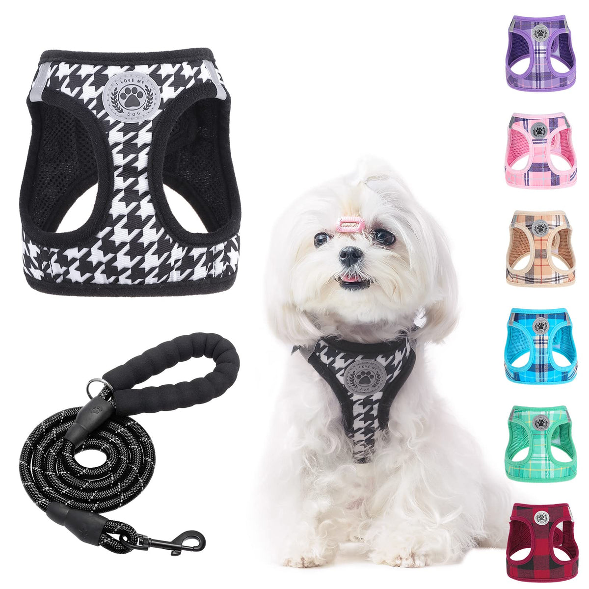 BEAUTYZOO small dog harness plaid front view highlights secure no-pull design for tiny pets
