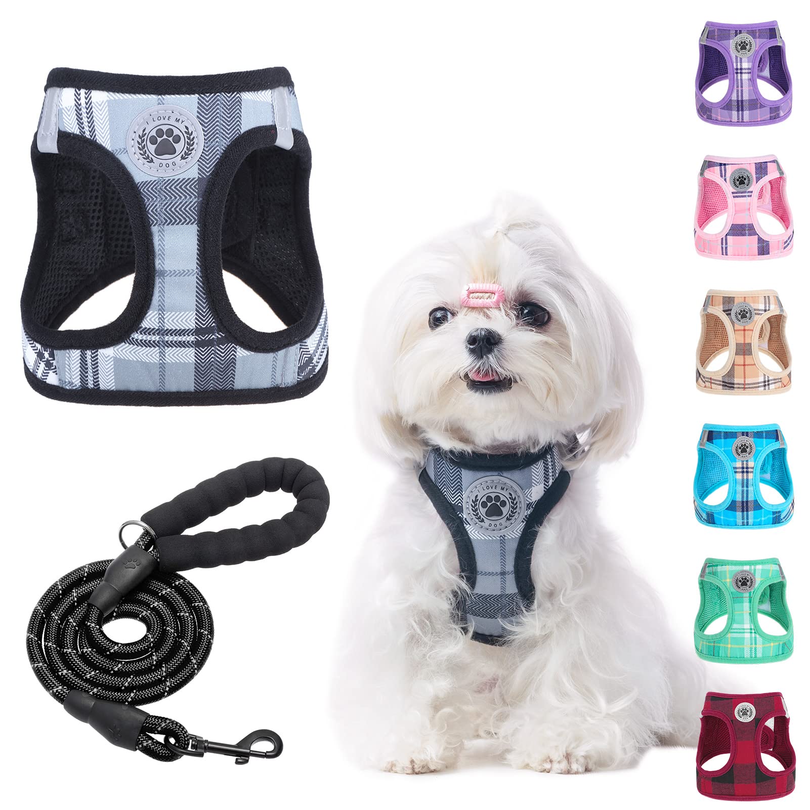 BEAUTYZOO small dog harness plaid grey XS step-in design for quick on/off outings