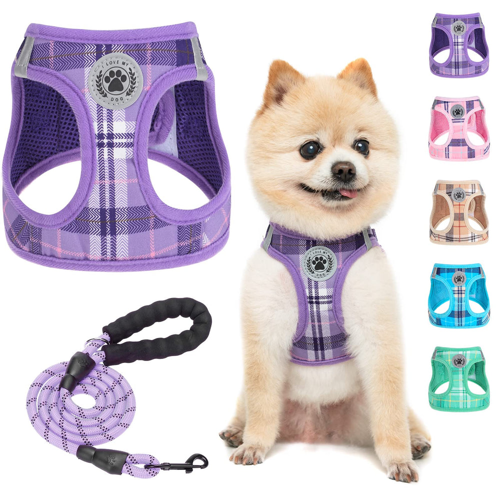 BEAUTYZOO small dog harness plaid purple front view for comfortable everyday wear