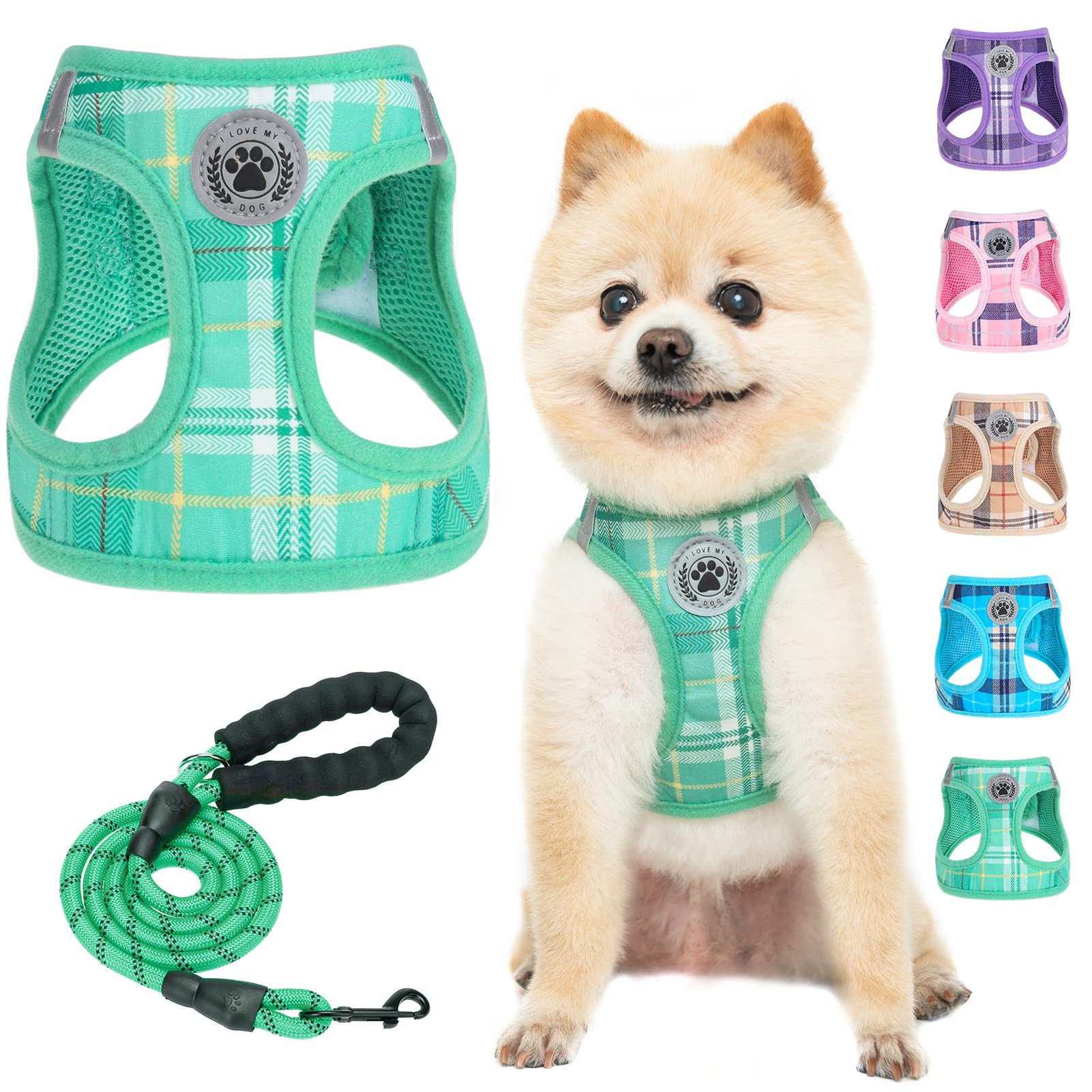 BEAUTYZOO small dog harness step-in Teal plaid for easy-on daily walks.