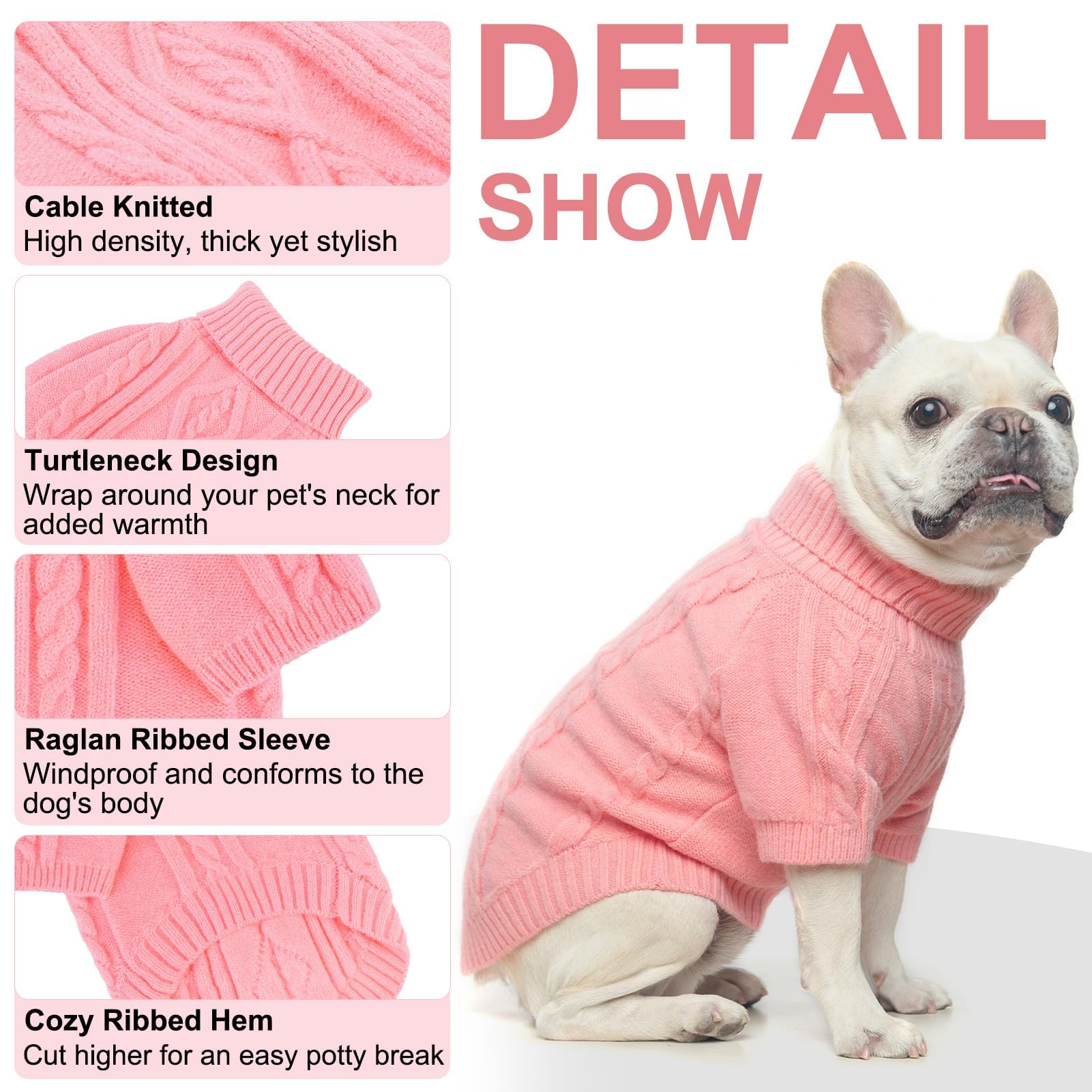 BEAUTYZOO Small Dog Sweater pink knit-detail with cable pattern enhances stylish winter layering