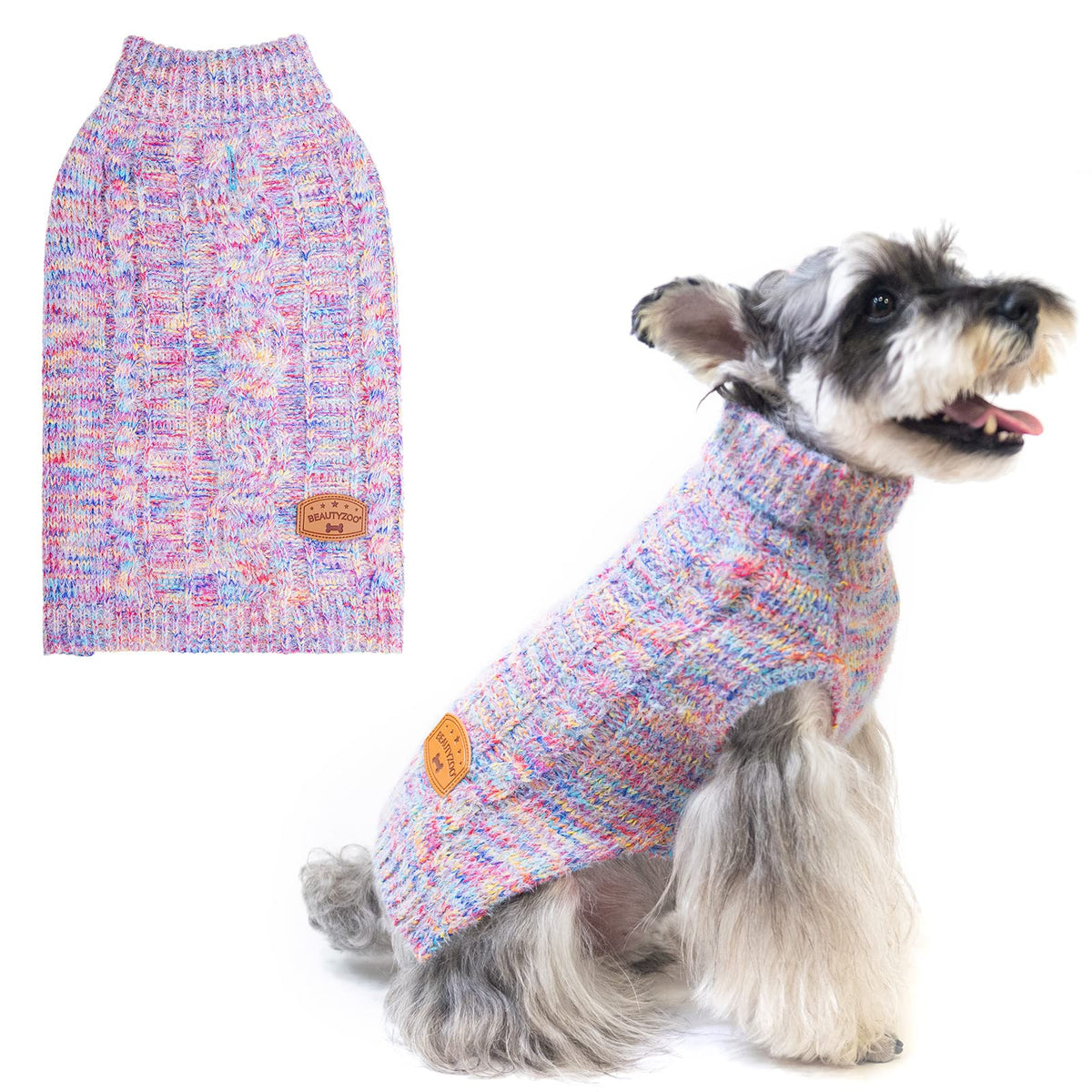 BEAUTYZOO Rainbow Pink front view dog sweater keeps your pup warm during outdoor walks.