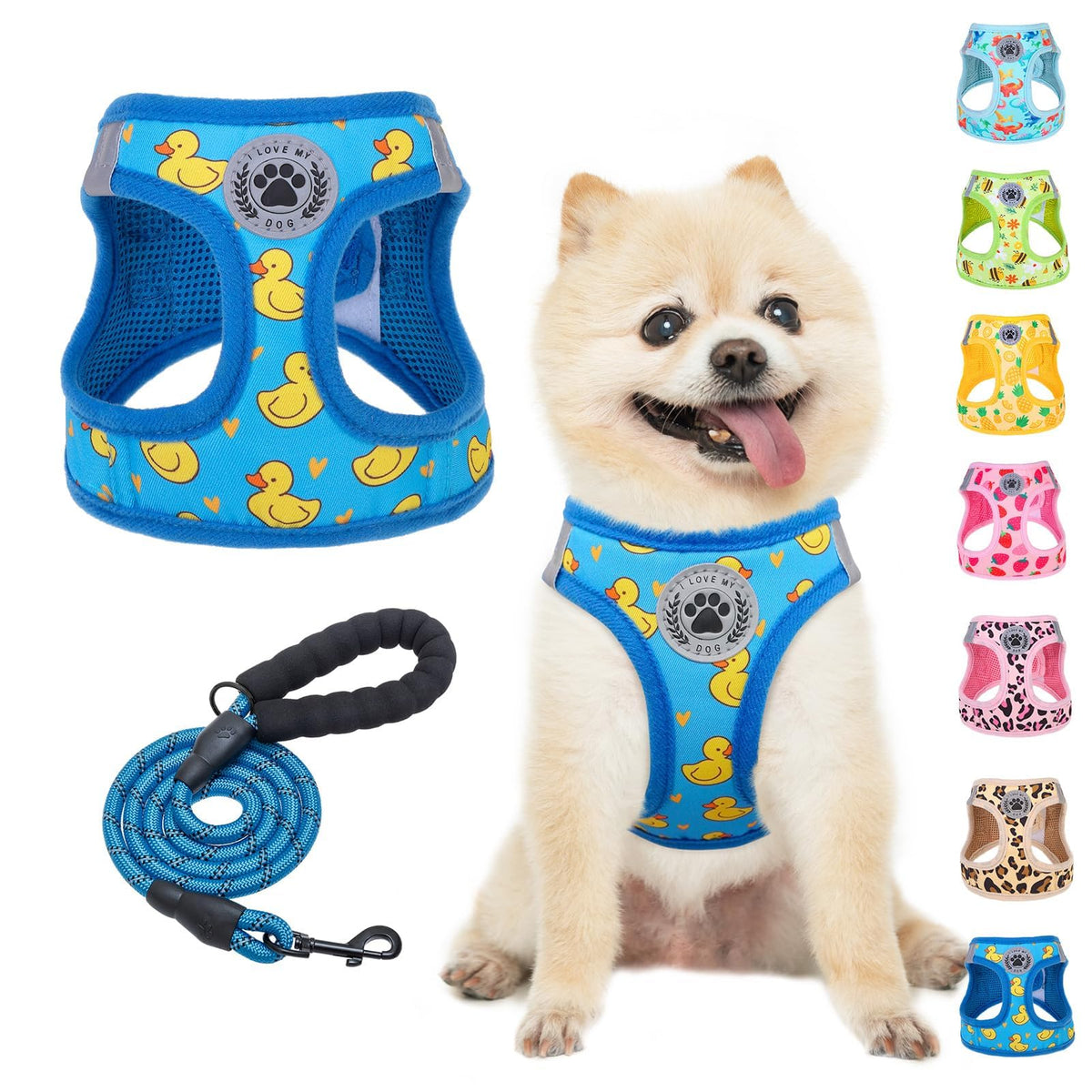 BEAUTYZOO step-in harness in duck blue highlighting comfortable fit for small to medium dogs.