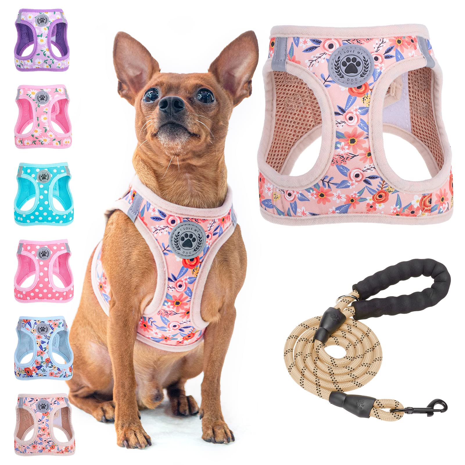BEAUTYZOO step-in harness floral pattern, snug XXS fit for small dogs.