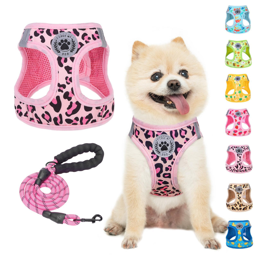 BEAUTYZOO step-in leopard pink harness front view shows easy on/off and comfy fit
