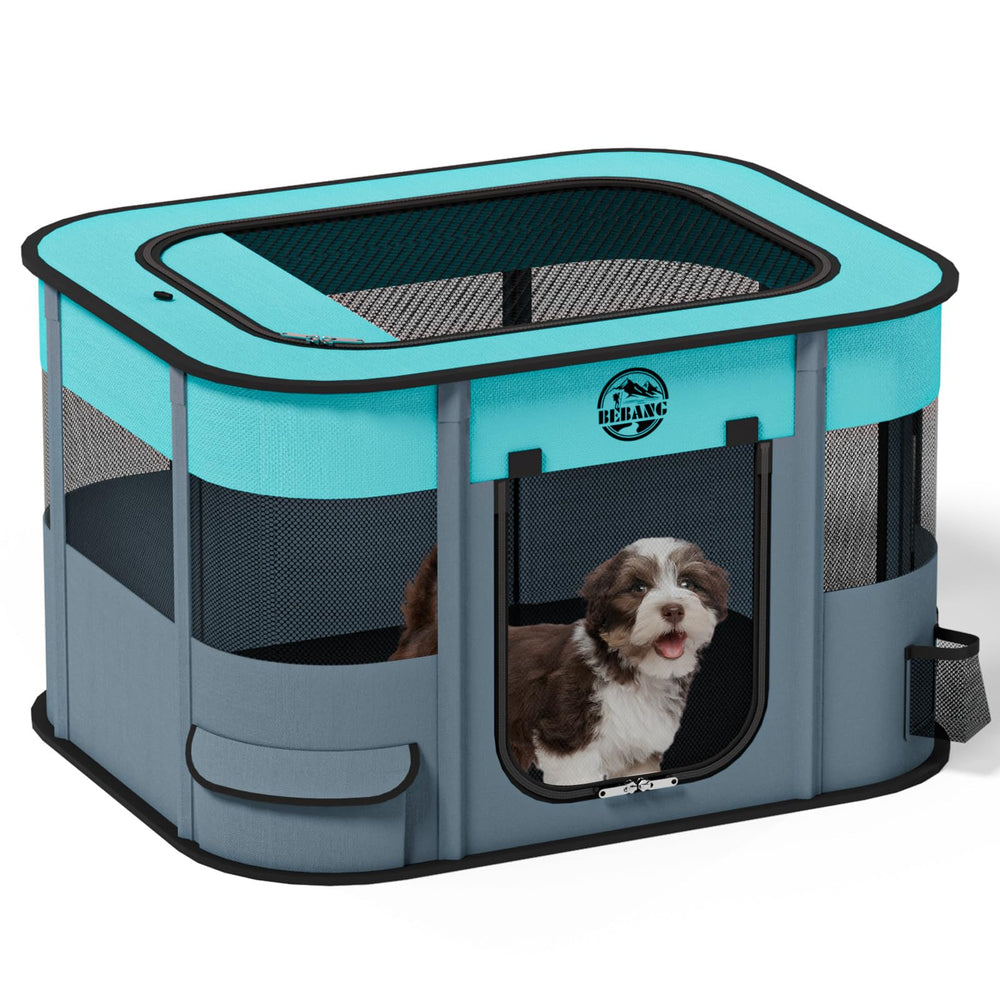 BEBANG Puppy Playpen foldable frame shown in a compact setup for travel