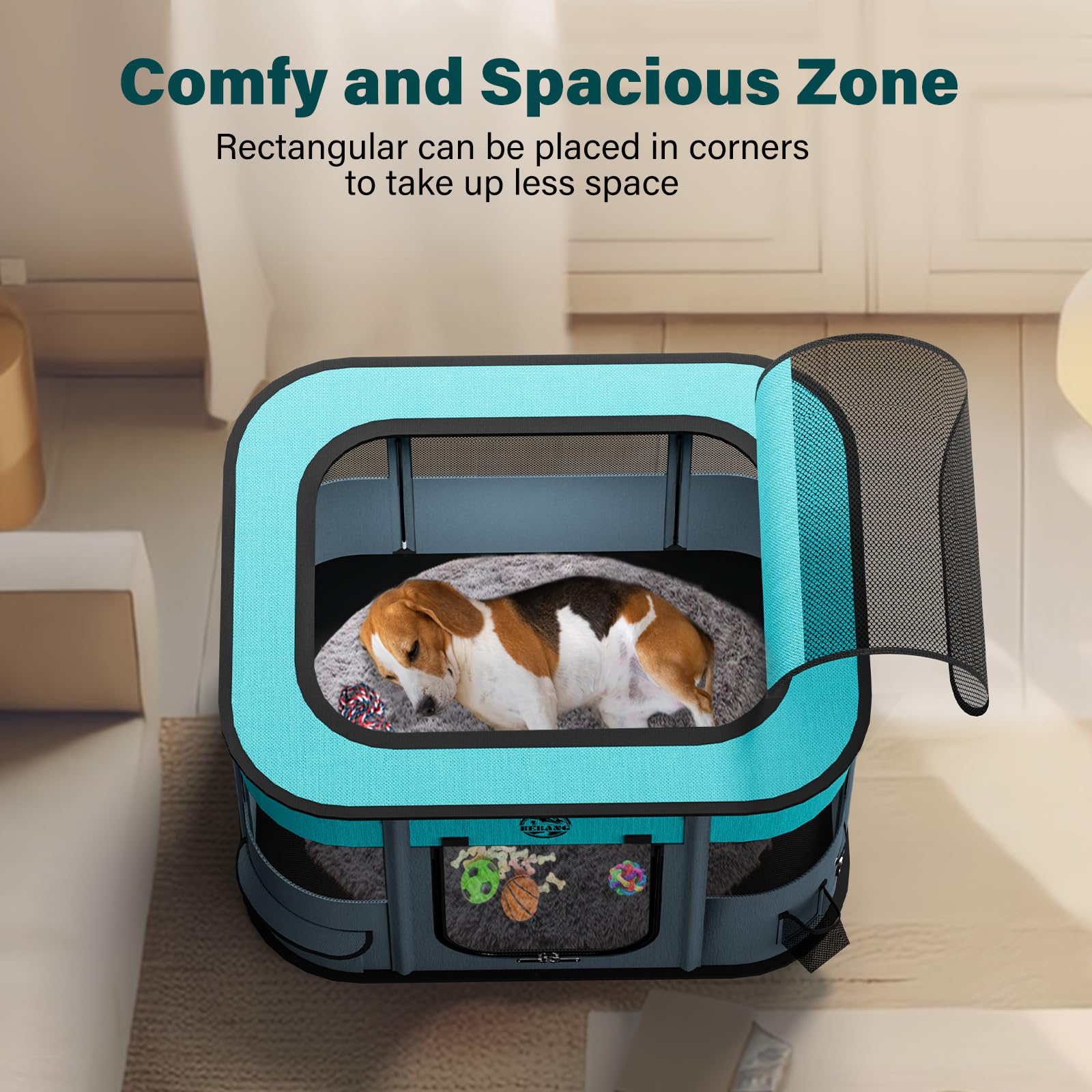 BEBANG puppy playpen grey in living room provides secure space.