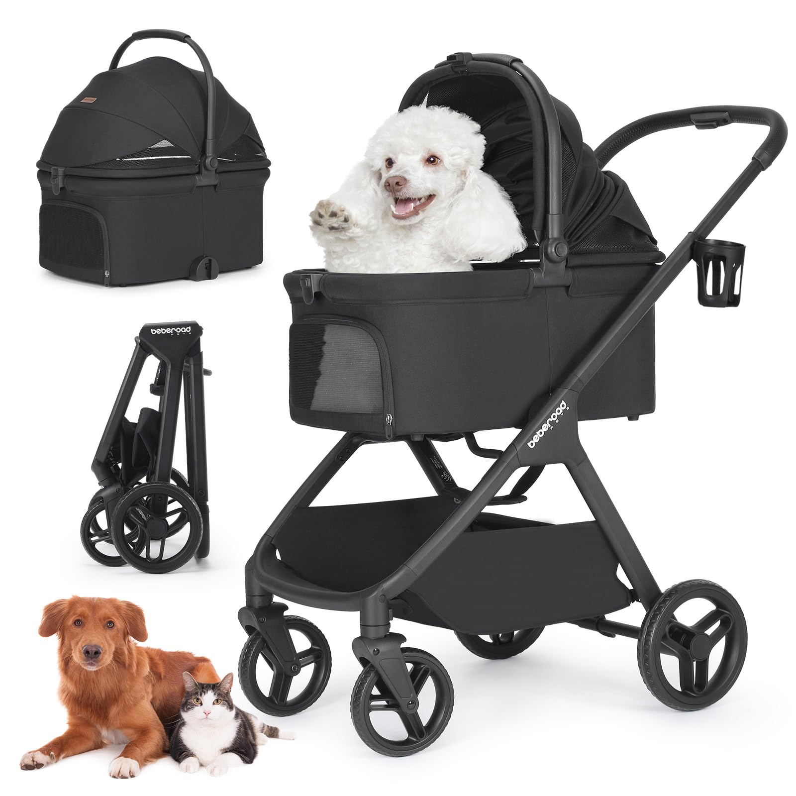 Beberoad Pets X-5 stroller in black shows ergonomic handle for comfortable walks.