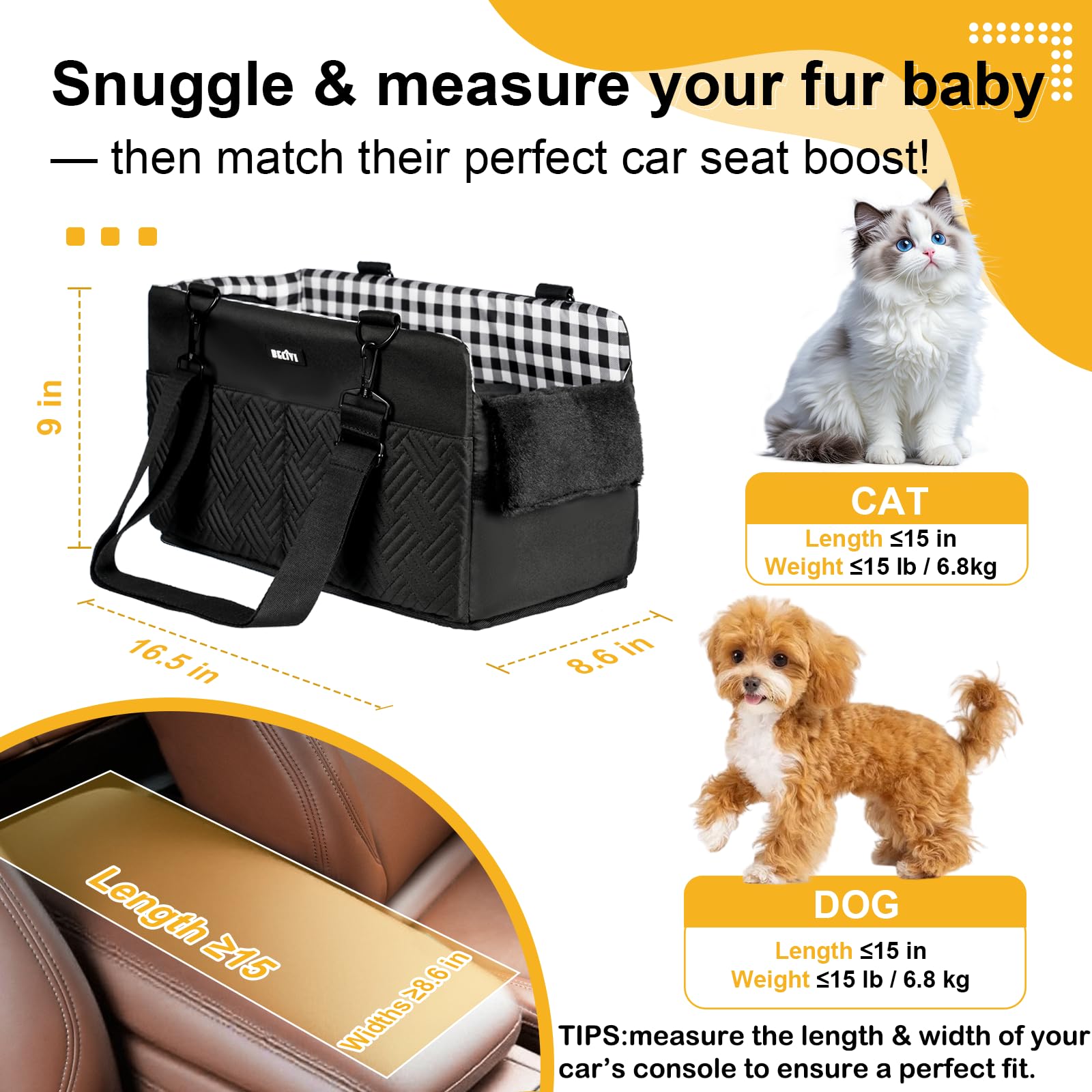 Becivi console dog seat soft pillow adds plush comfort on car trips.