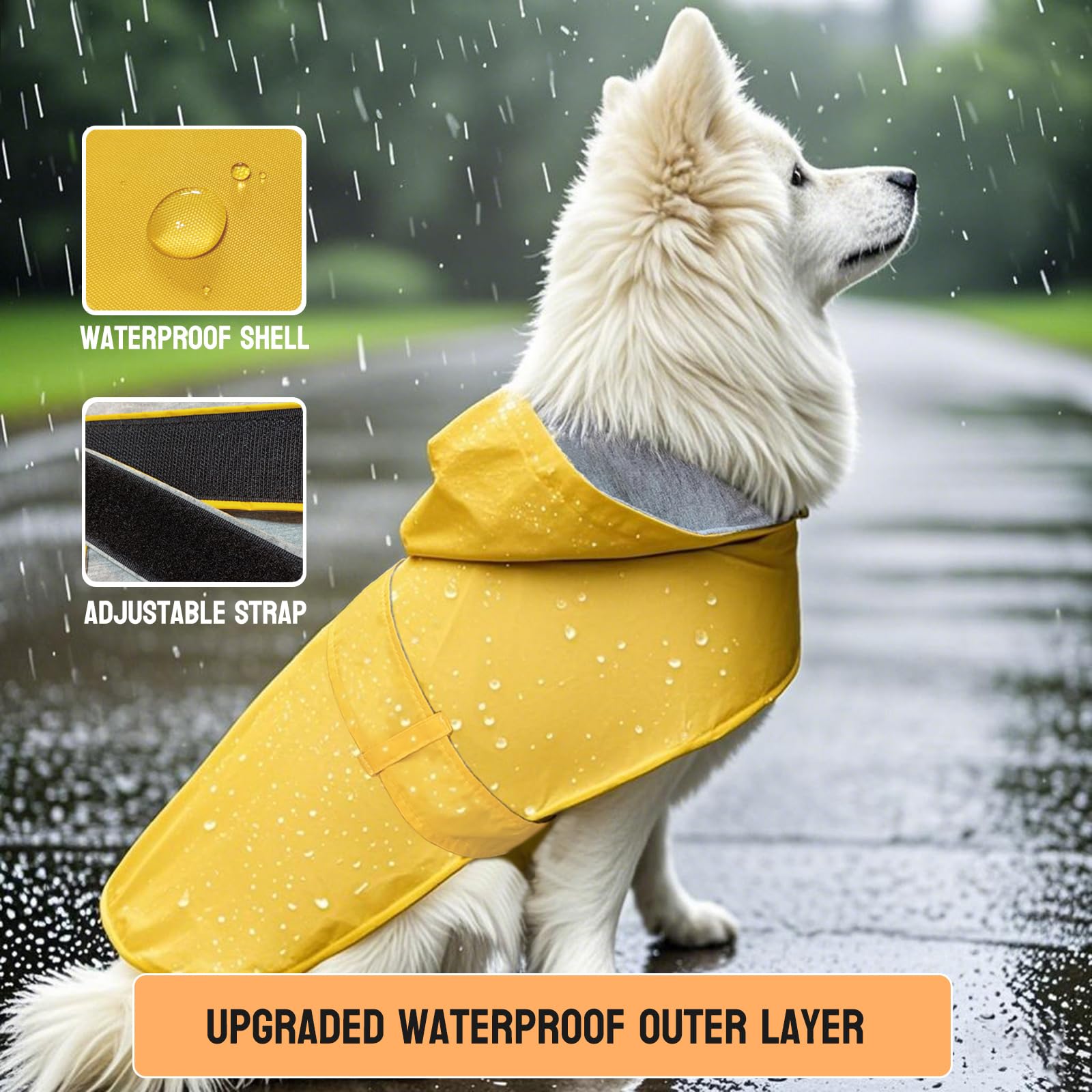BECNBEAU dog raincoat yellow back view showing full coverage protection.