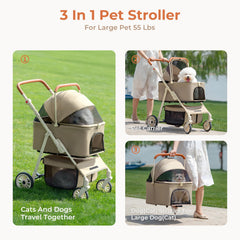 BeComfee pet stroller with four wheels for smooth, quiet rides.