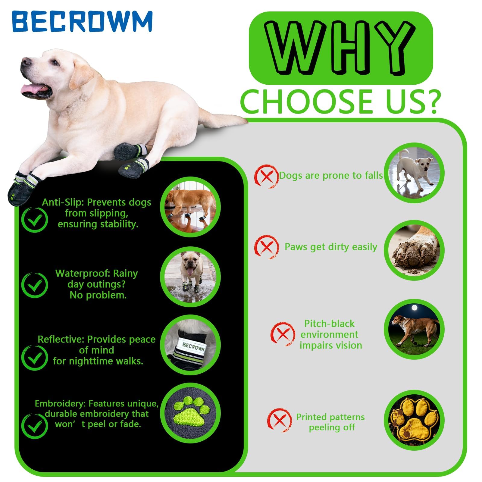 BECROWM dog shoes reflective strap improves nighttime visibility