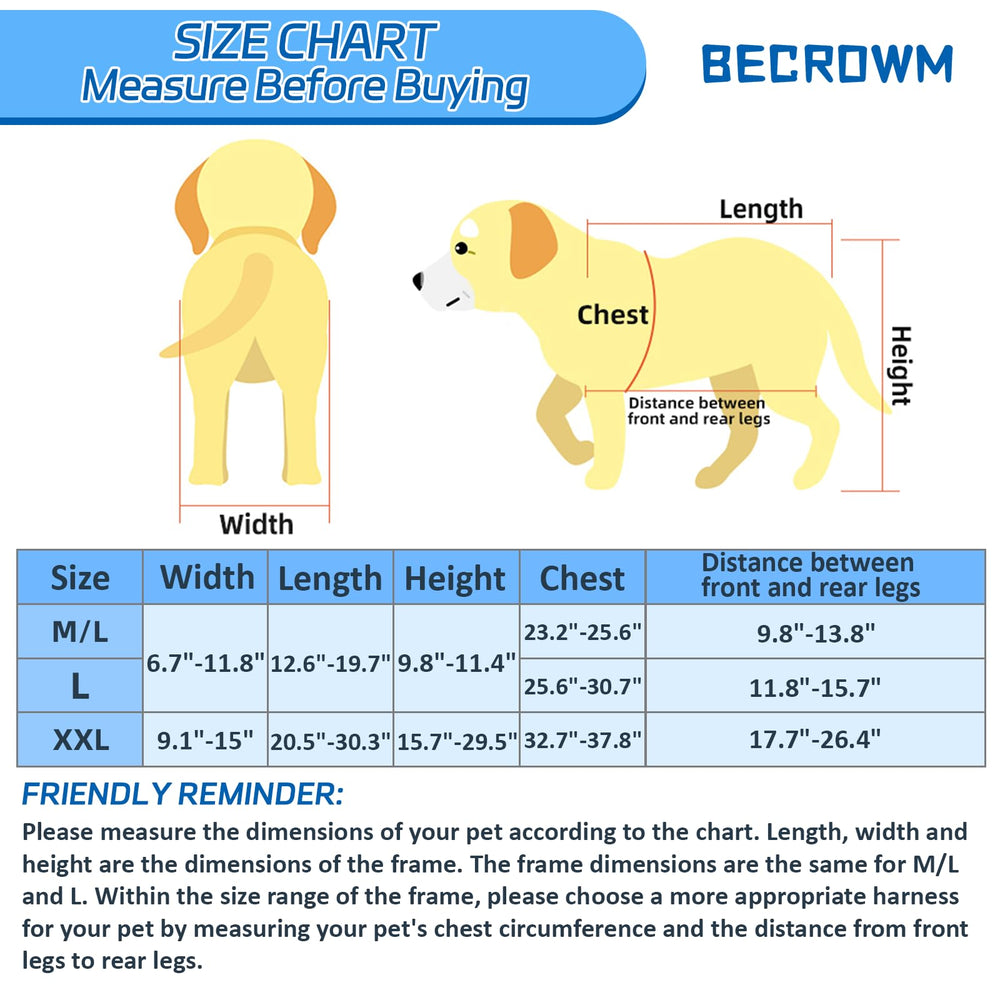 BECROWM dog wheelchair front view highlights the U-shaped design for comfortable hind-leg support.