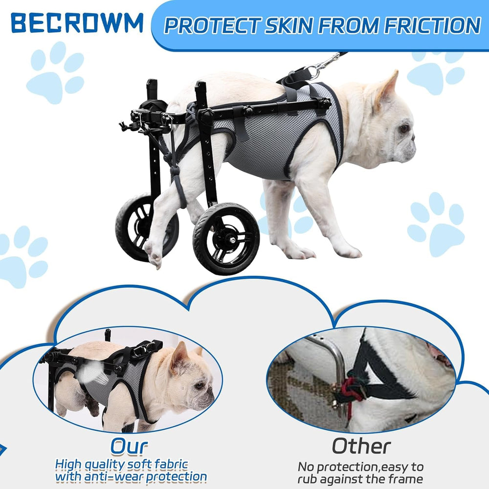 BECROWM dog wheelchair grey adjustable-frame emphasizes customizable fit for growing pets.