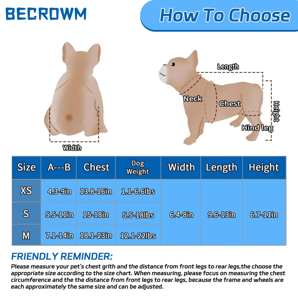 BECROWM dog wheelchair grey back view demonstrates rear-wheel setup for smooth walking.