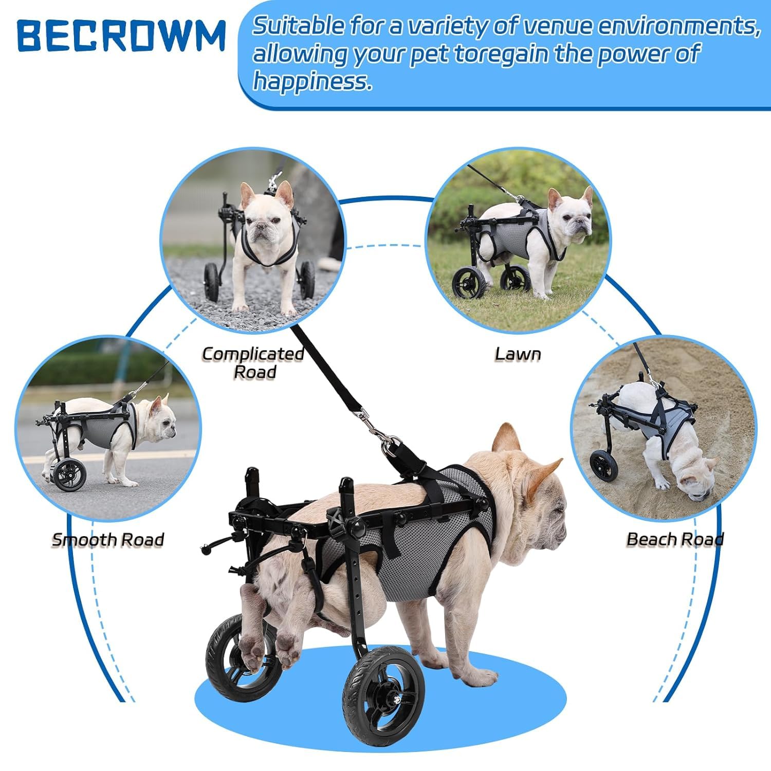 BECROWM dog wheelchair grey soft mesh-pocket adds calm comfort during sessions.