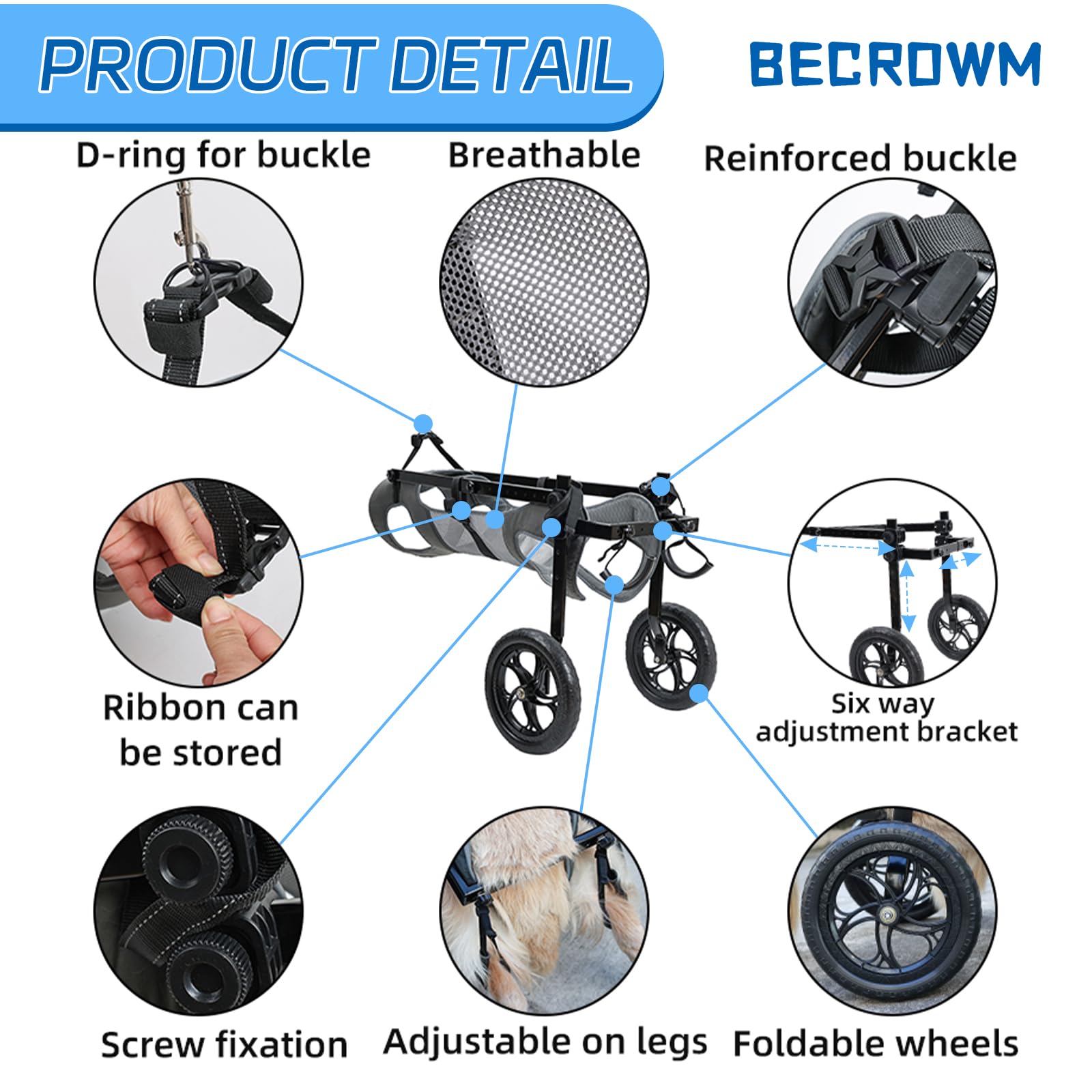 BECROWM dog wheelchair size guide helps ensure correct fit and comfort.