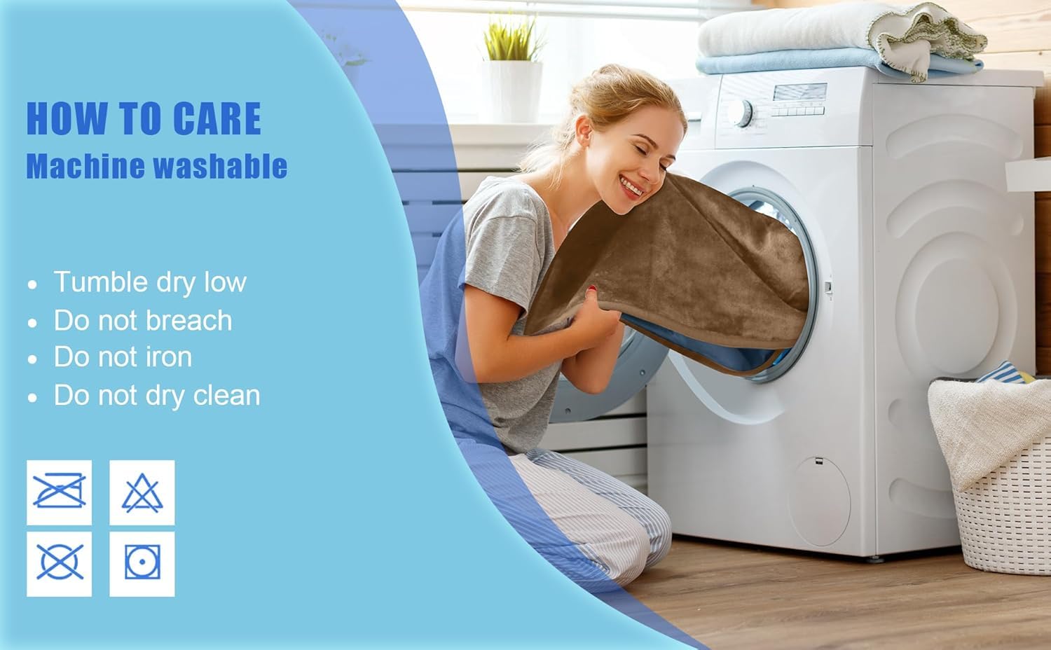 Bedding Aid waterproof blanket being machine washed demonstrates easy-care cleaning.