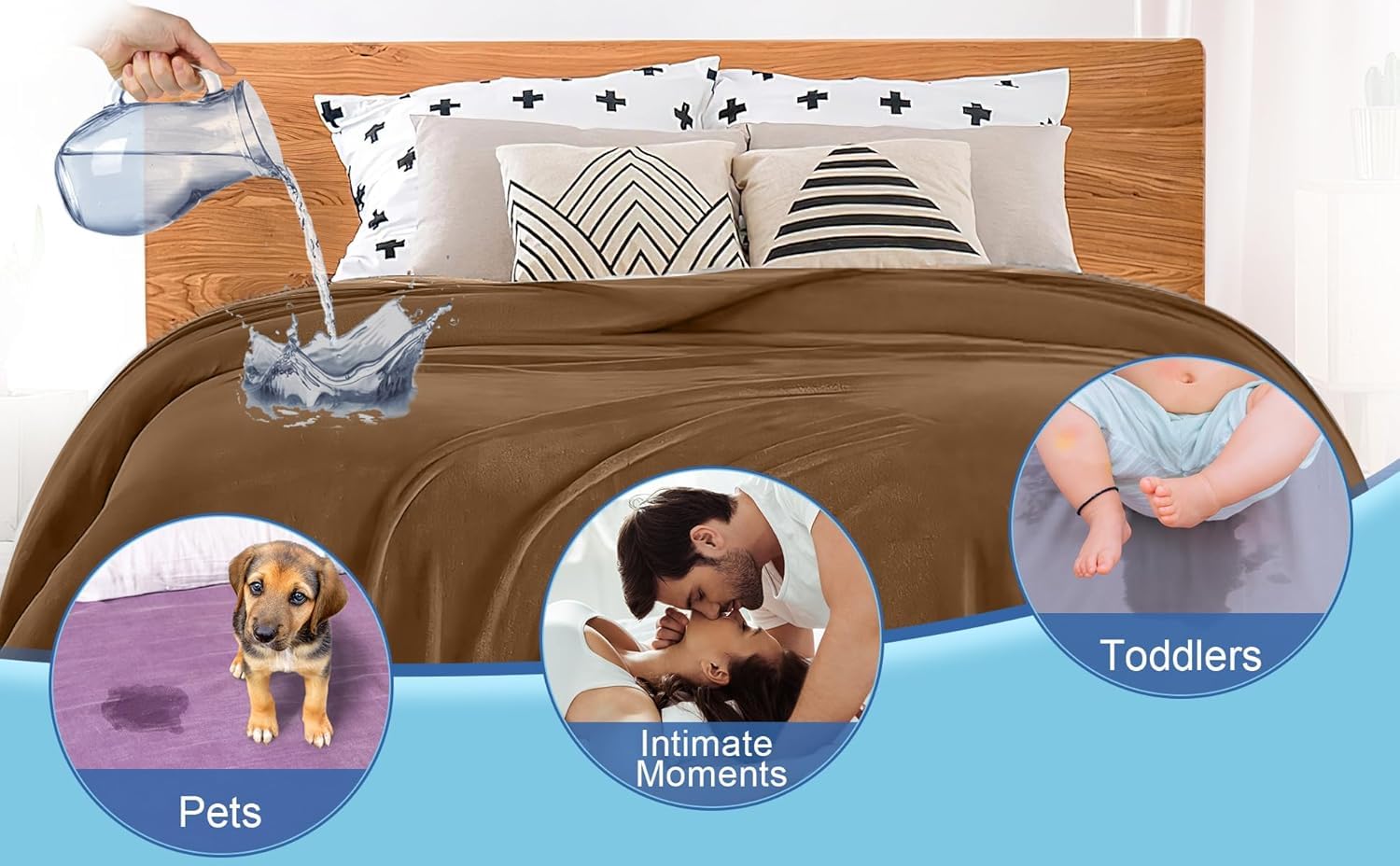 Bedding Aid waterproof blanket reversible design highlights velvet brown and twilight blue.
