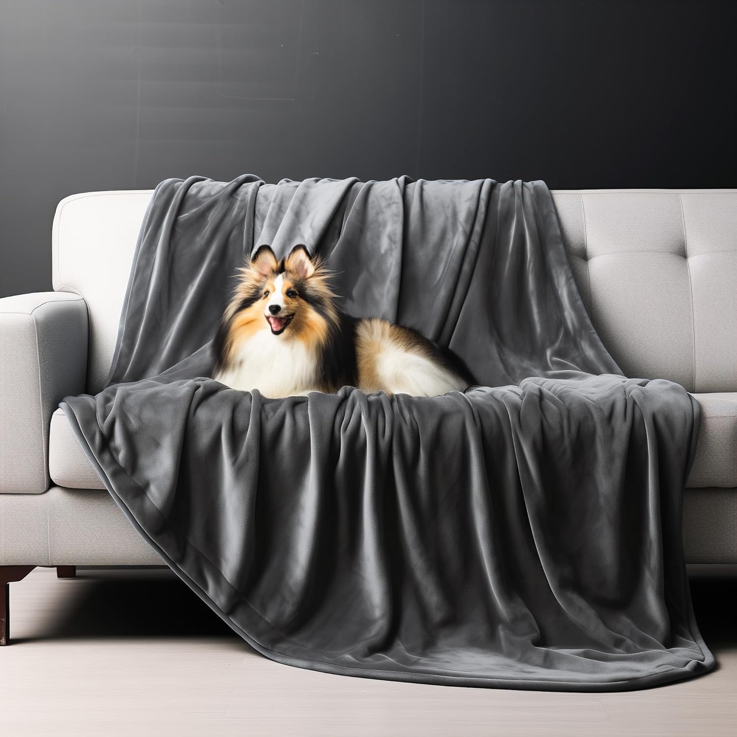 Bedding Aid waterproof throw blanket with a pet-friendly couch scene demonstrates protection from messes.