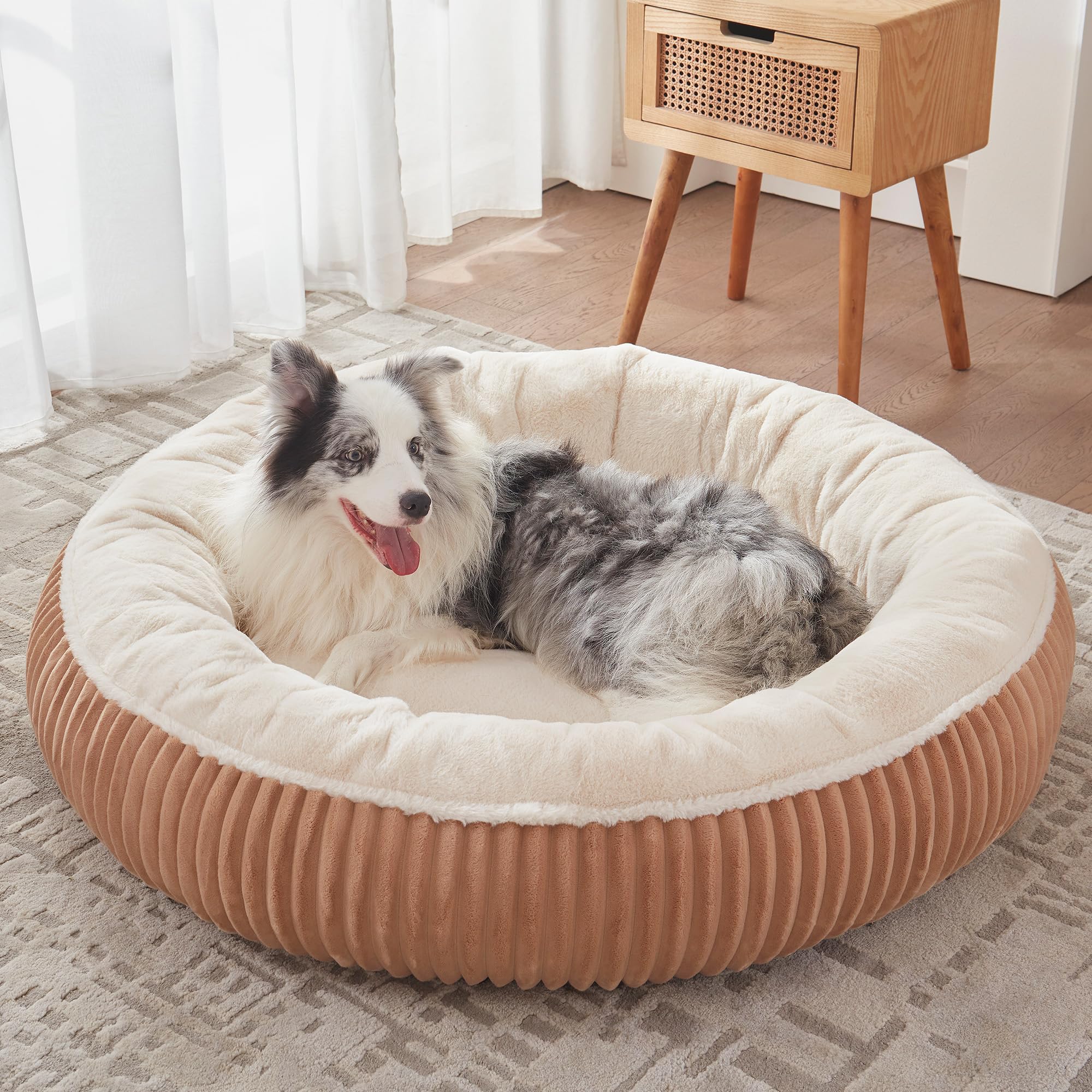 BedStill 45in donut bed brown side view with plush rim for calming comfort