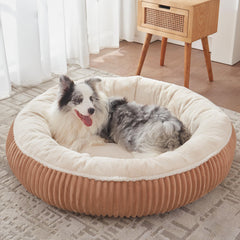 BedStill 45in donut bed brown side view with plush rim for calming comfort