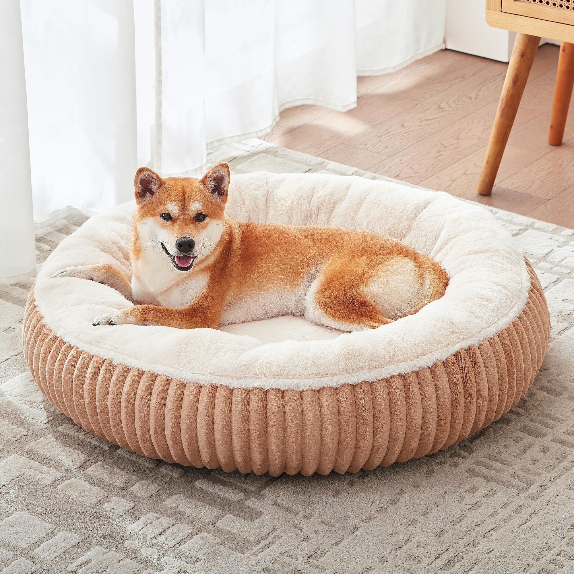 BedStill 33in donut bed in brown milk-plush faux fur for cozy lounging