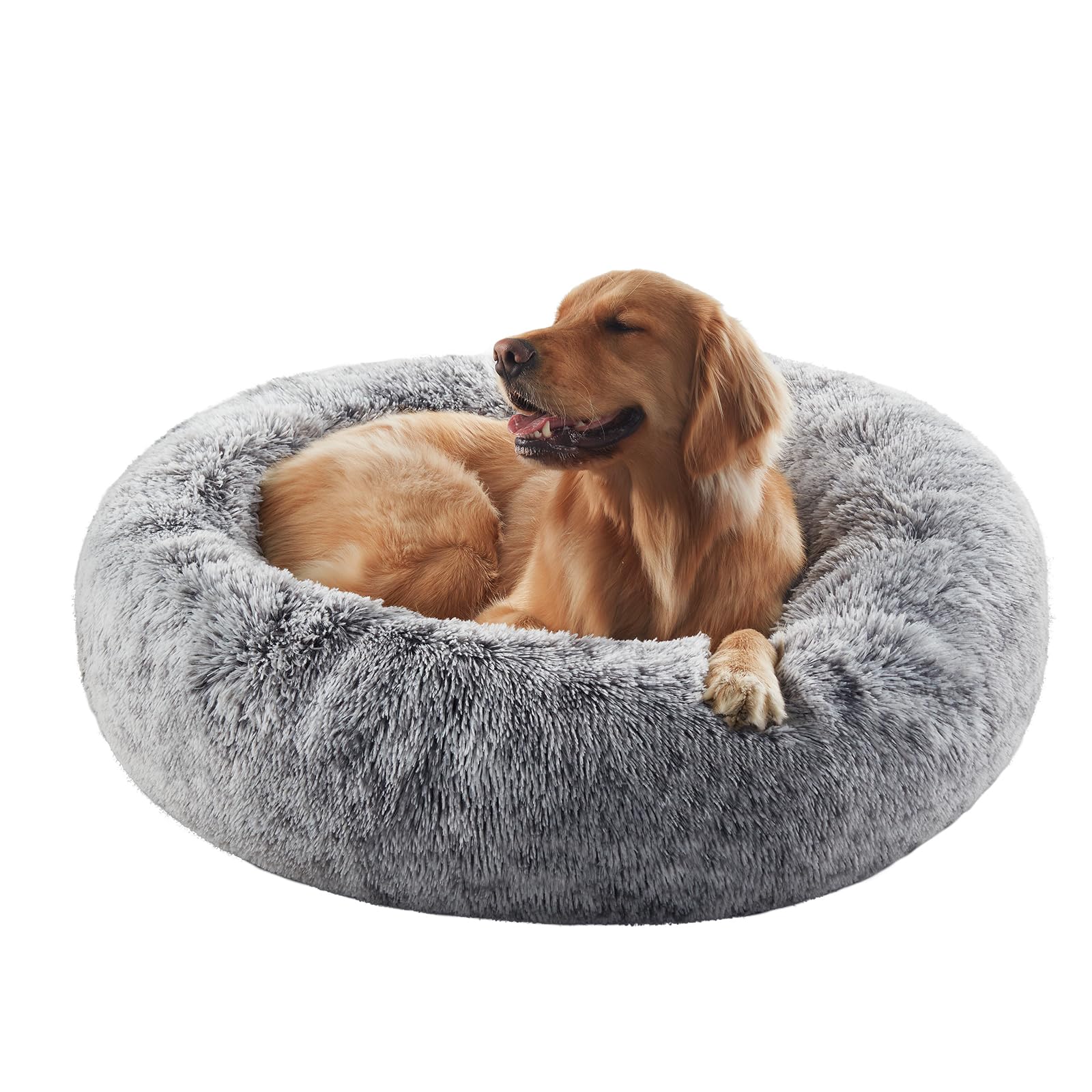 BedStill donut dog bed dark grey large front view emphasizes cozy contour for anxiety relief.