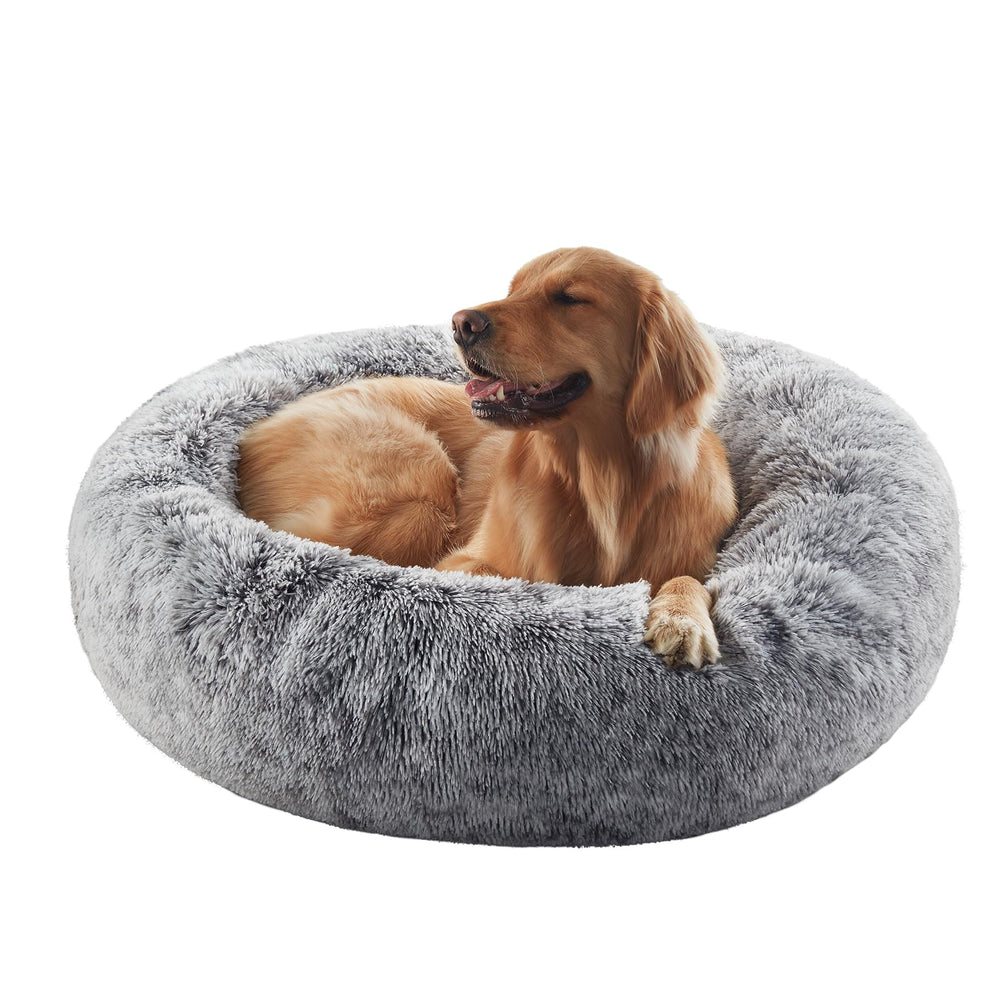 BedStill donut dog bed dark grey large front view emphasizes cozy contour for anxiety relief.