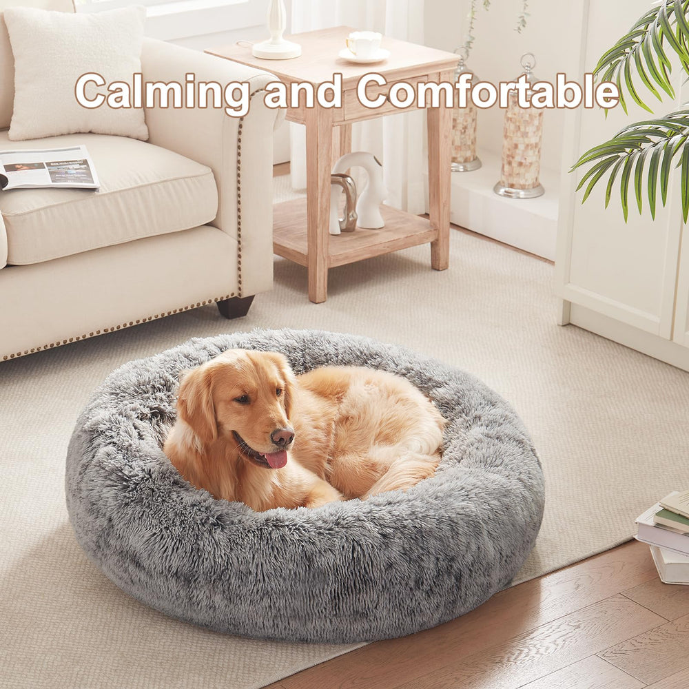 BedStill donut dog bed dark grey large side view highlights secure nesting for comforting sleep.