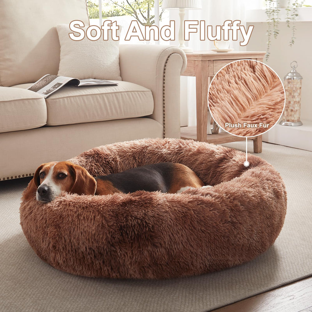 BedStill donut dog bed fluffy-plush-closeup shows premium polyfill offering supportive comfort
