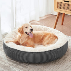 BedStill Donut Dog Bed in dark grey creates cozy resting spot for large dogs up to 80 lbs.