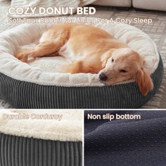 BedStill donut dog bed plush faux fur sleeping area invites gentle lounging.