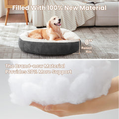 BedStill donut dog bed raised corduroy sides provide a secure, calming nest.